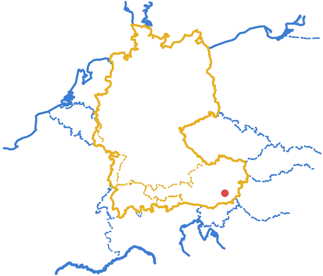 Map of the German-speaking part of Europe with a marker on Graz in the south-east of Austria